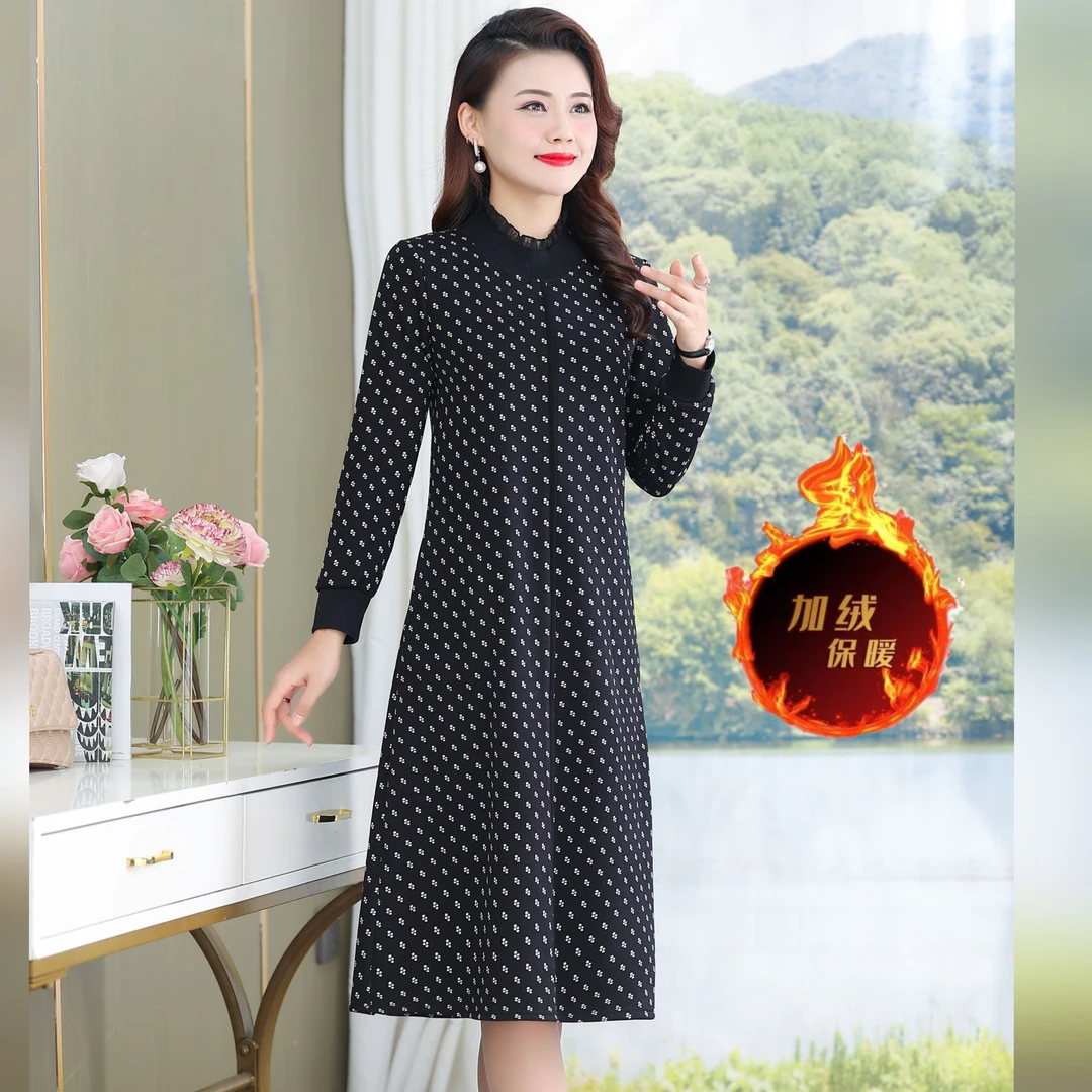 时尚秋冬打底显瘦女式长袖连衣裙碎花加厚针织裙子通勤加绒气质