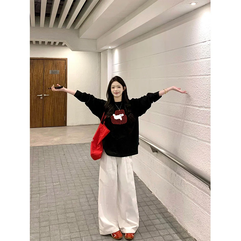 纯棉印花长袖T恤女2025秋冬新款百搭慵懒风设计感小众打底衫上衣