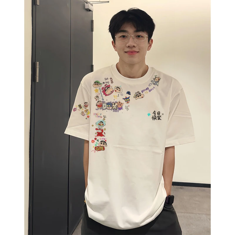 美式趣味卡通印花短袖T恤男春夏季潮牌百搭宽松休闲重磅纯棉上衣