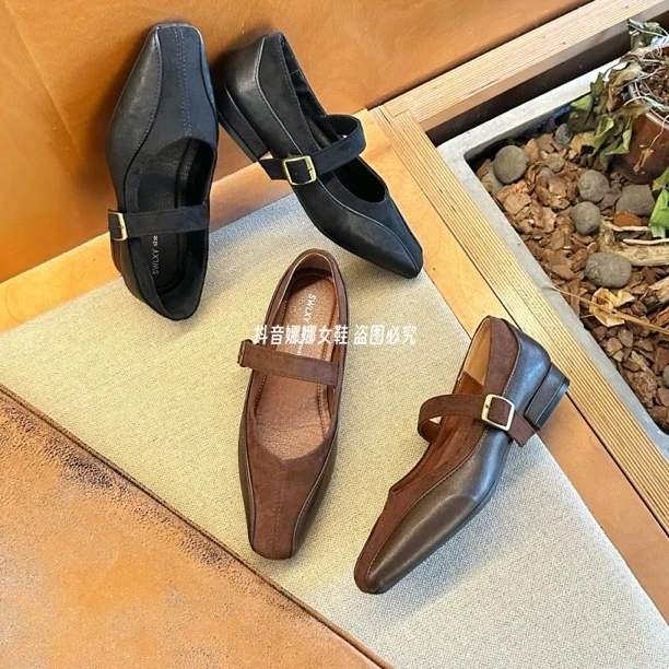 「na」9088复古玛丽珍鞋女韩版法式浅口单鞋一字带粗跟小皮鞋