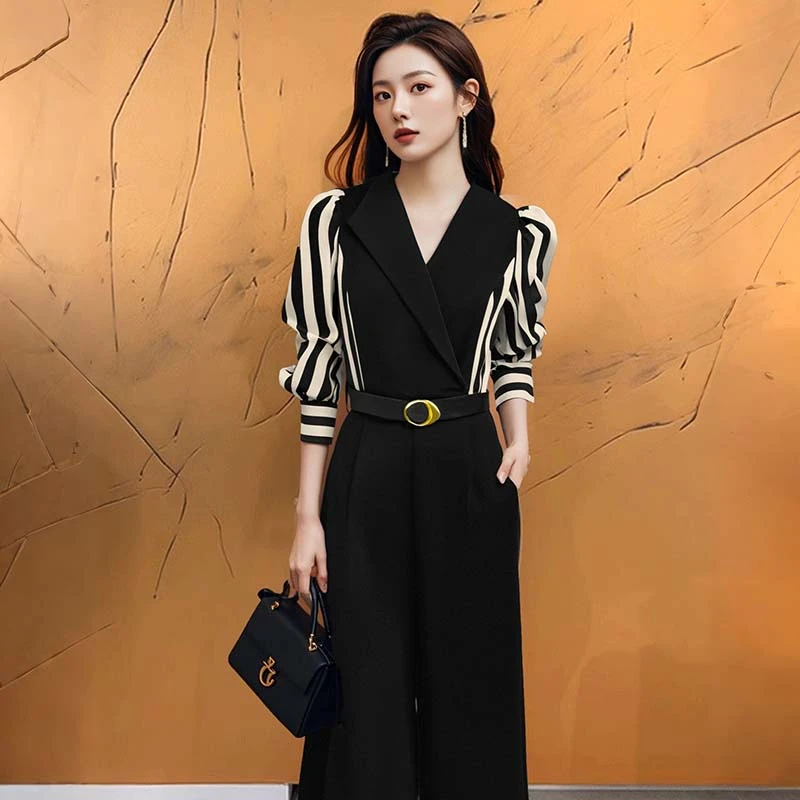 A时尚显瘦2025春季新款气质通勤条纹拼接高腰系带连体裤女D0522