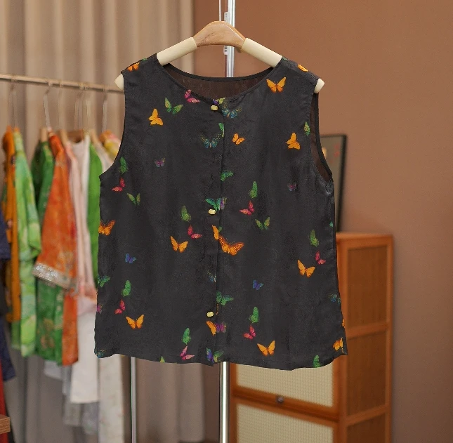 【云裳-香云纱】蝴蝶个性刻花气质百搭背心