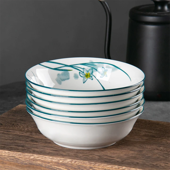 （6只装）7英寸水仙花斗笠面碗 家用陶瓷汤碗饭碗釉下彩餐具