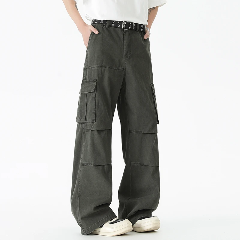 美式cleanfit牛仔裤男夏季潮褶皱百搭阔腿裤宽松多口袋工装休闲裤