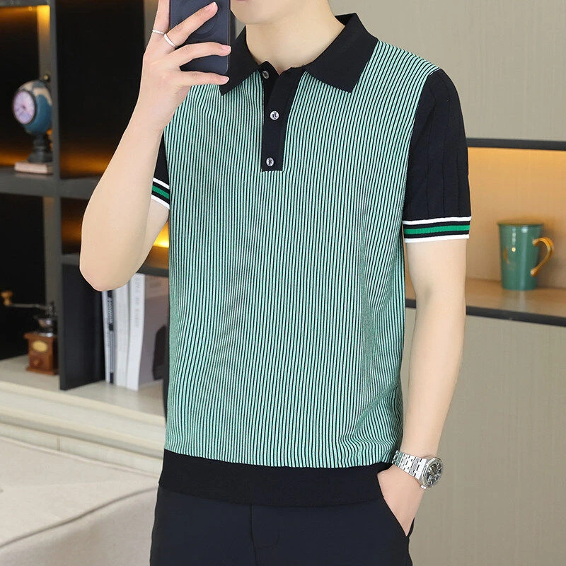 2025新款夏季男士翻领针织Polo衫潮流条纹修身青年冰丝短袖T恤衫