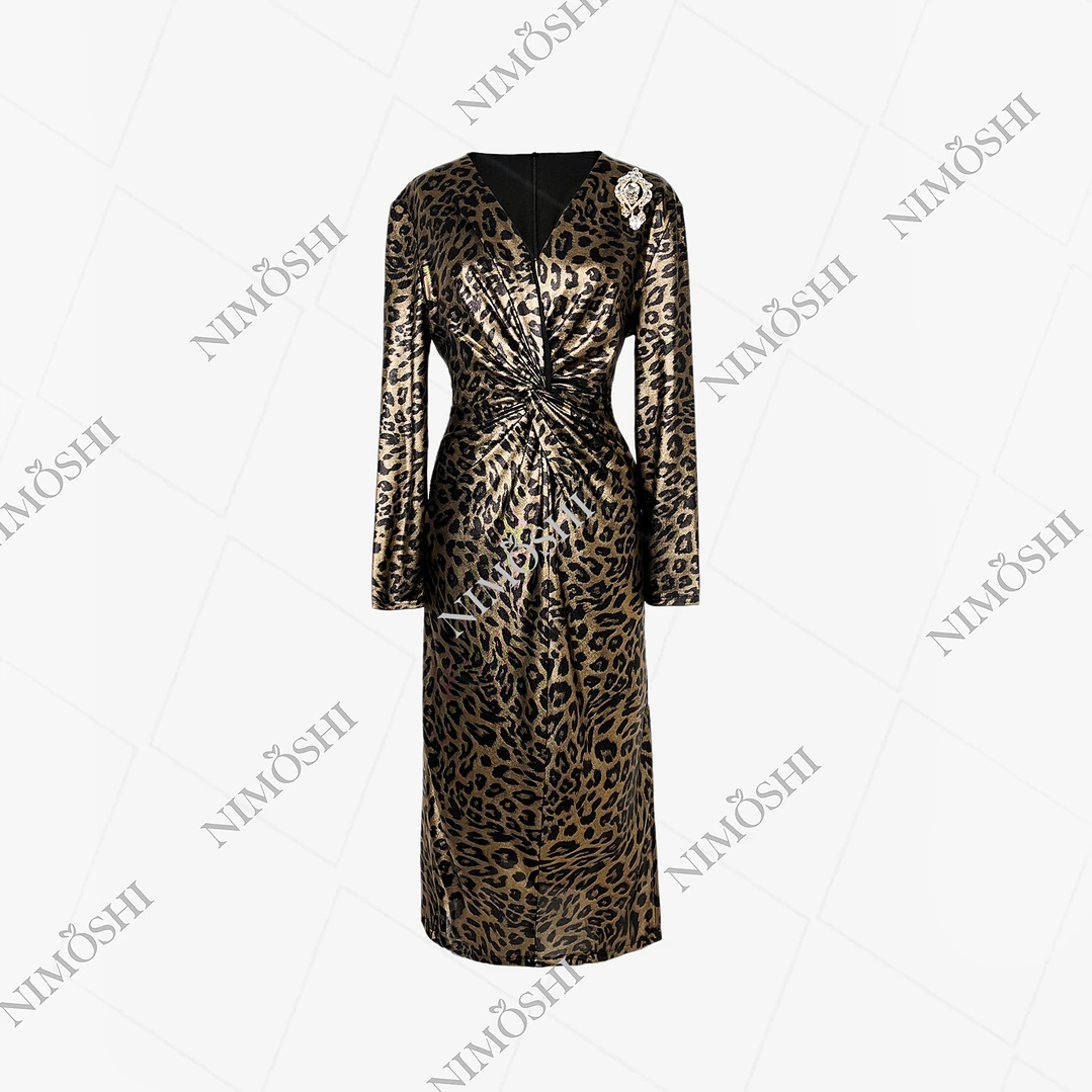 NIMðSHI莎莎新款轻奢豹纹色气质显瘦气质中长款简约连衣裙Q1190