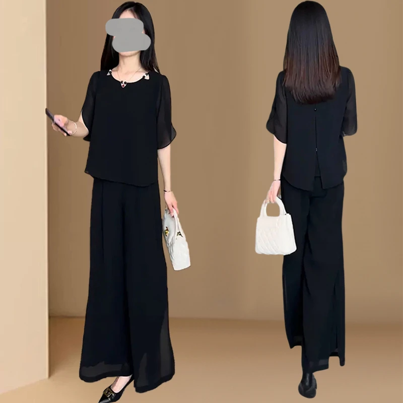 时尚气质套装女2025夏季新款时髦洋气宽松短袖上衣阔腿裤两件套潮