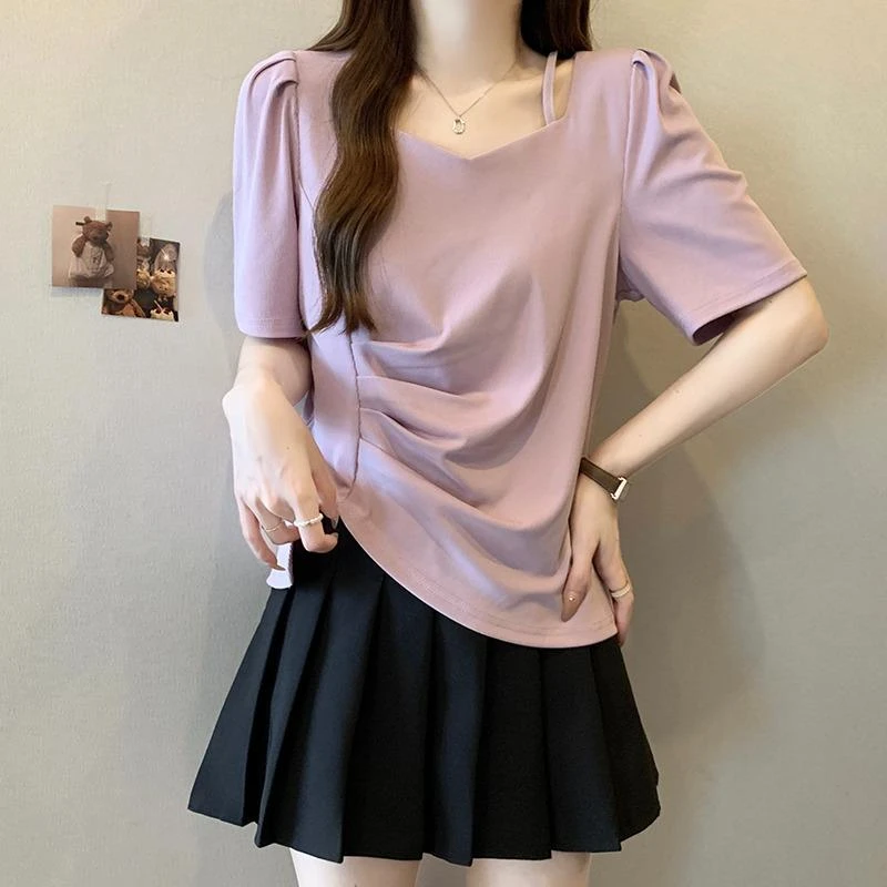 方领正肩紫色短袖恤女夏季大码胖mm小众独特别致不规则显瘦上衣