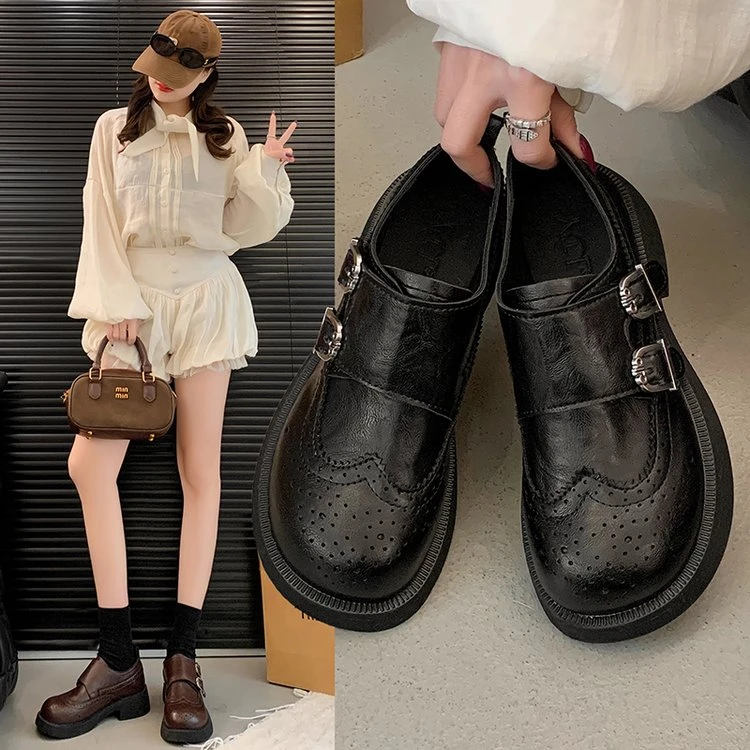 英伦风2026春季新款乐福鞋女双搭扣黑色单鞋复古学院文艺小皮鞋