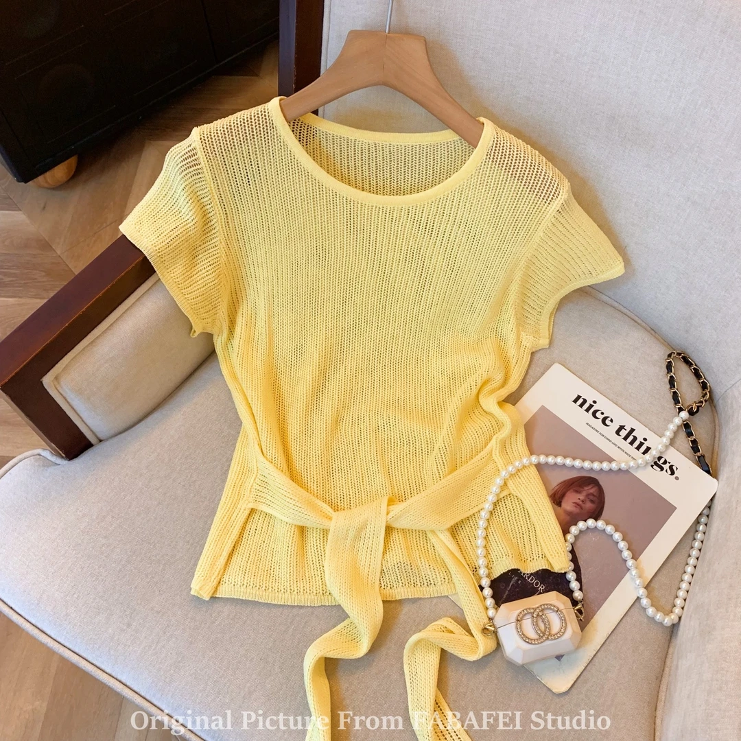 紫色绑带设计感短袖针织衫女夏2025新款薄款冰丝T恤辣妹别致上衣