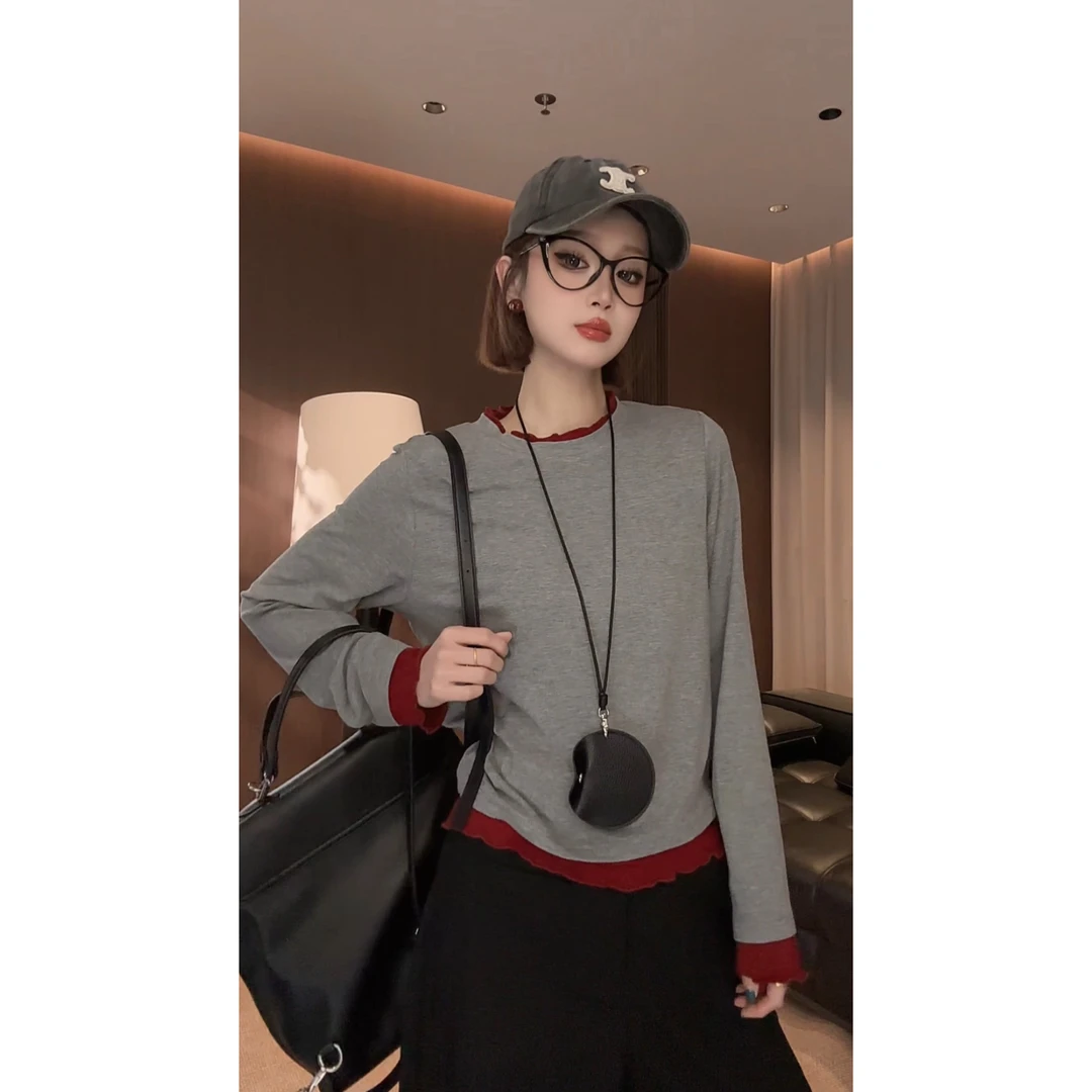 【Zz】早春新款假两件设计领边针织上衣女复古高级长袖上衣ZY-167