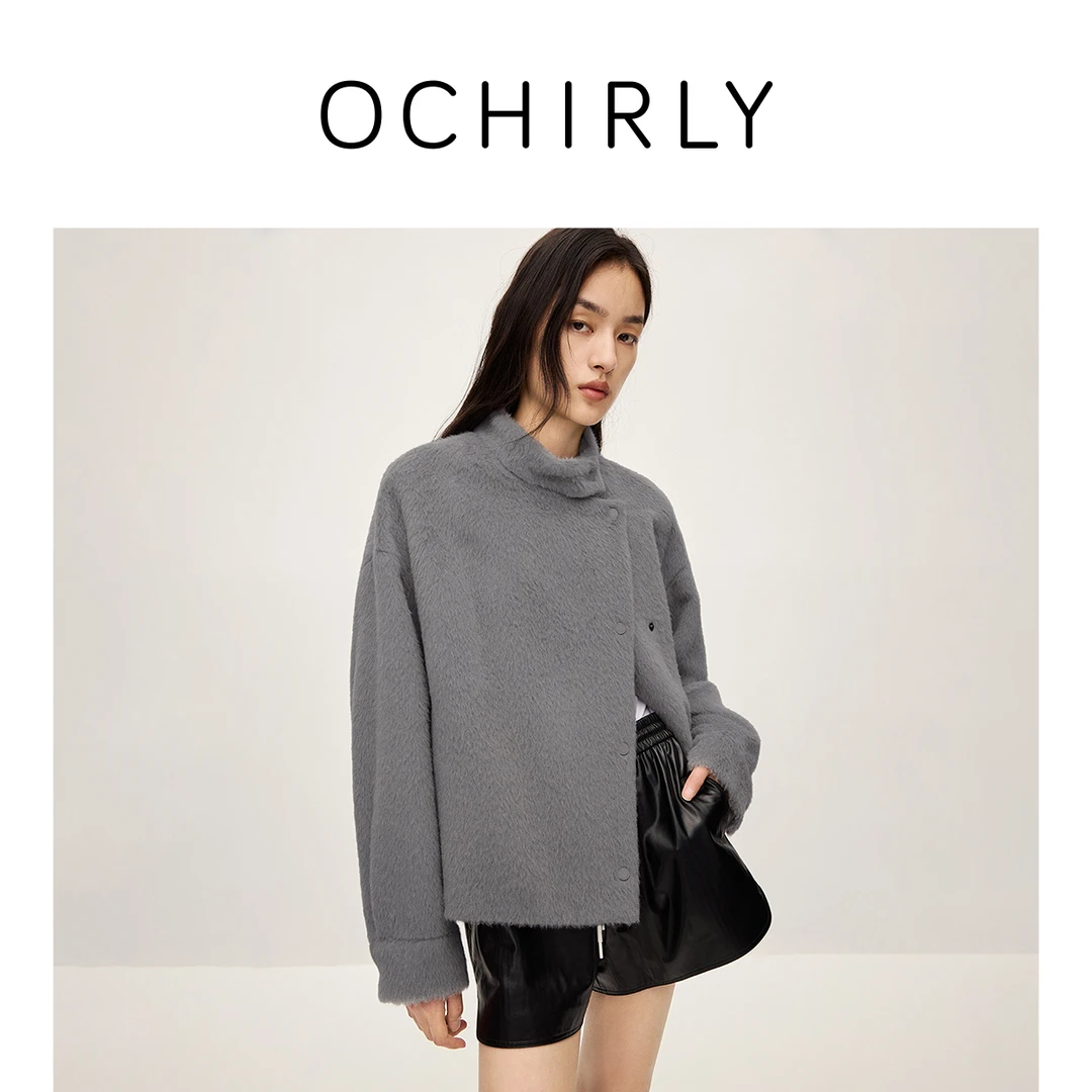 OCHIRLY欧时力 羊毛羊驼毛两穿领呢料外套女排扣宽松2025秋冬新品