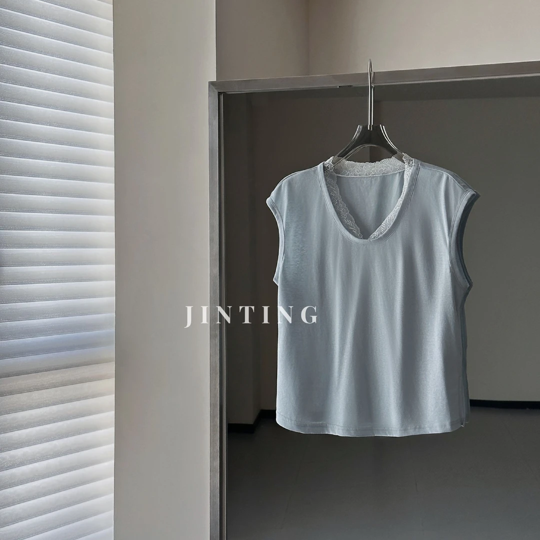 今婷夏日小众绝美蕾丝拼接领慵懒纯欲时尚百搭无袖T恤-M25216343