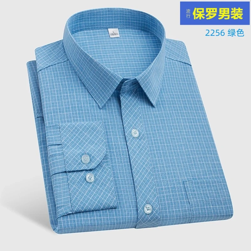 保罗男长袖衬衫新款格子薄款抗皱品牌中年男士正装商务衬衣男夏季