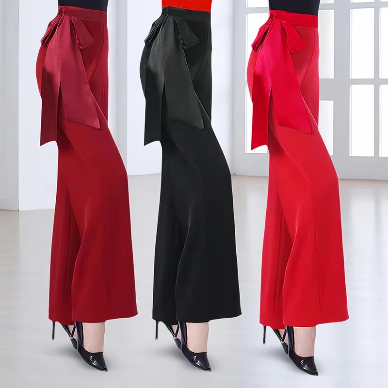 摩登舞新款女飘带阔腿裤专业国标交谊舞蹈裤子练功拉丁舞直筒长裤