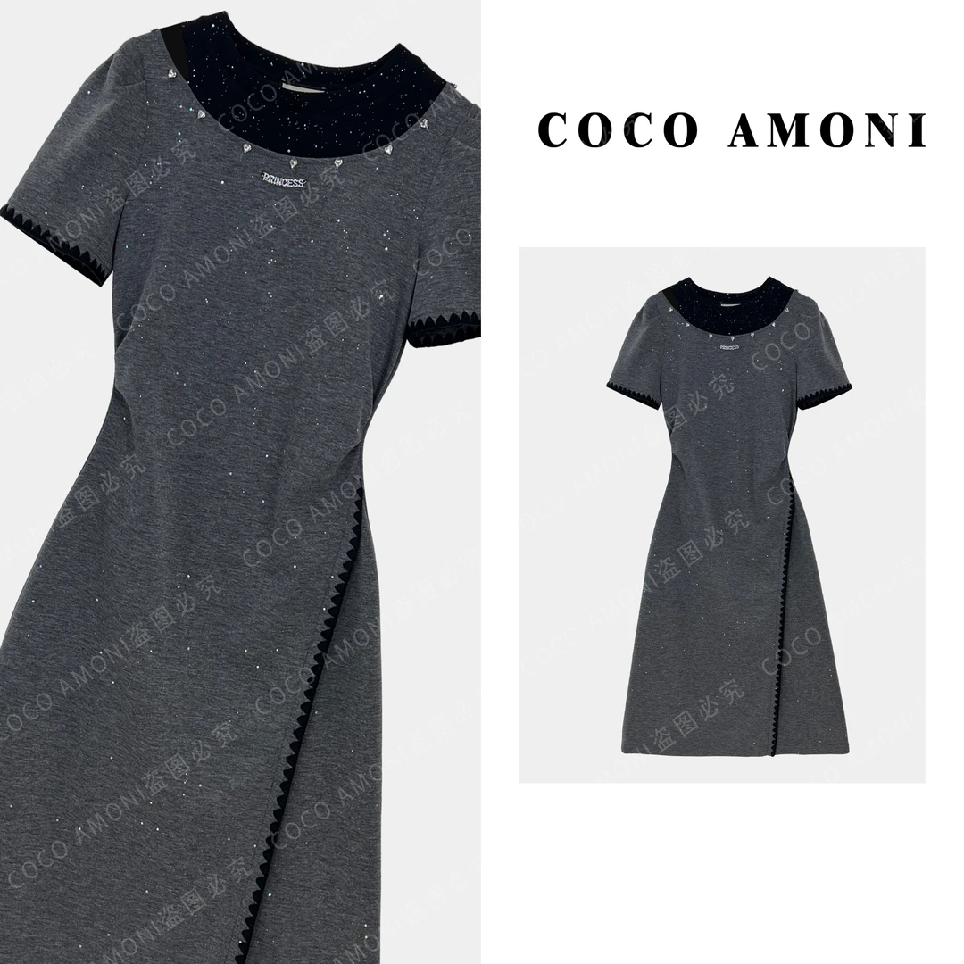 新款设计爆款高级感时尚女装拼接褶皱收腰显瘦气质连衣裙AC476