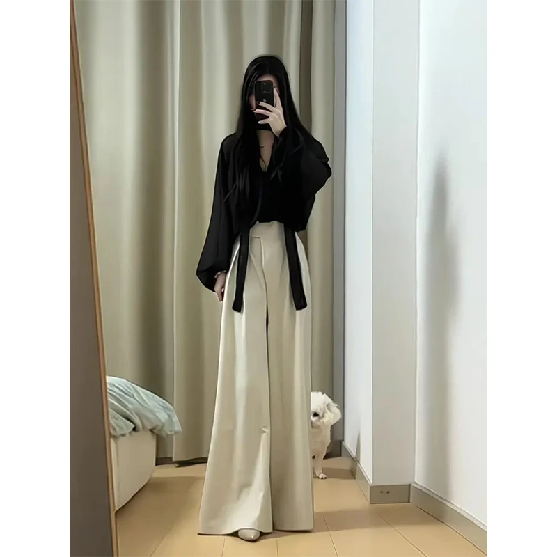 2025早秋搭配一整套法式高级感黑色上衣高腰阔腿裤职业两件套装女