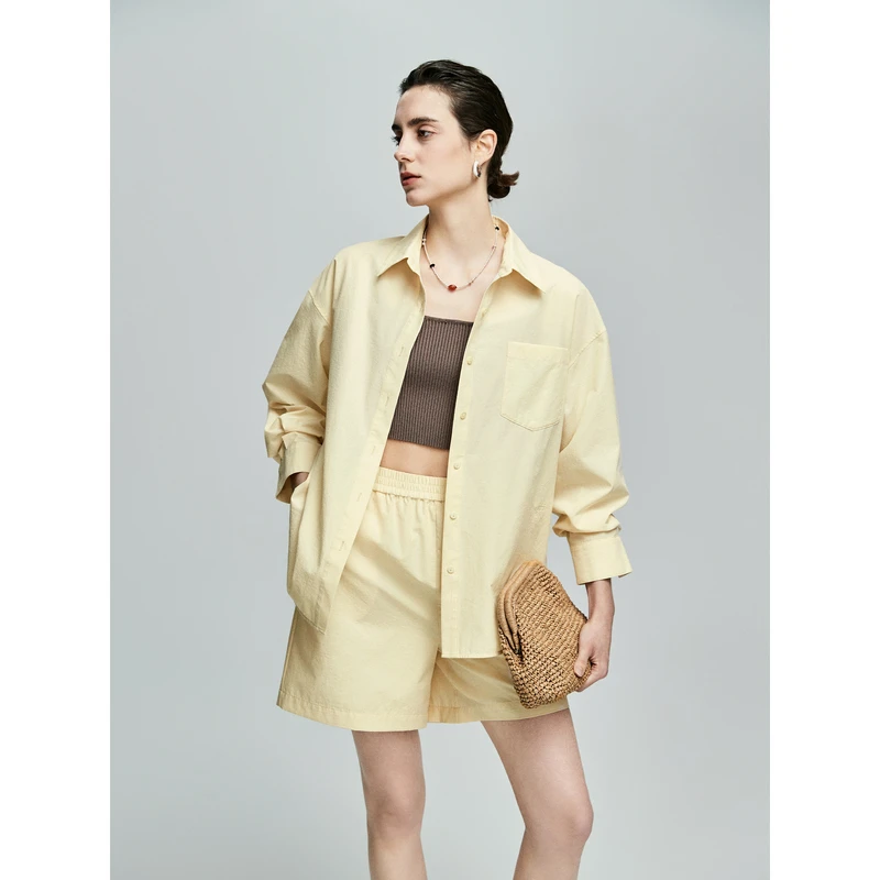 【新】棉仓362685001-慵懒风衬衫短裤套装长袖刺绣宽松BF风