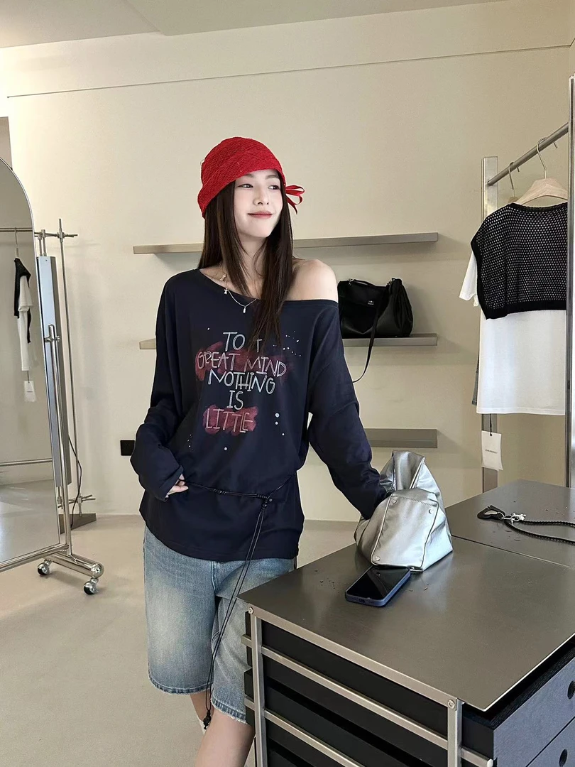 福秒-配腰带！可斜肩可正肩字母宽松T恤（XD9282#）喜大东