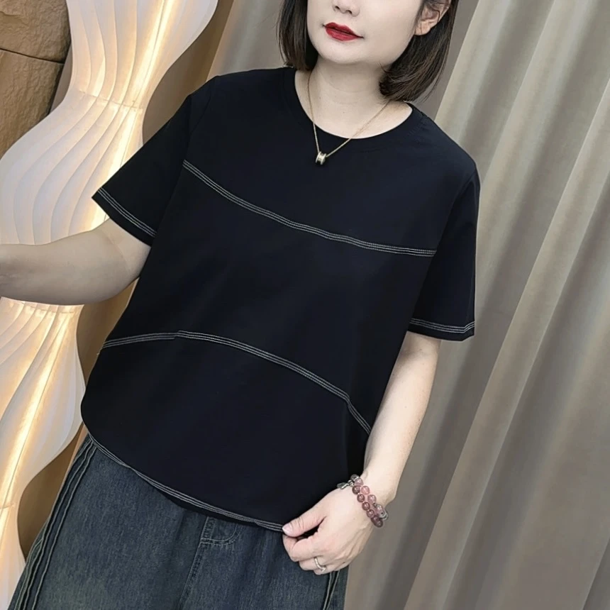 夏日度假流行设计感高档圆领透气宽松显瘦大版女士T恤WX3330