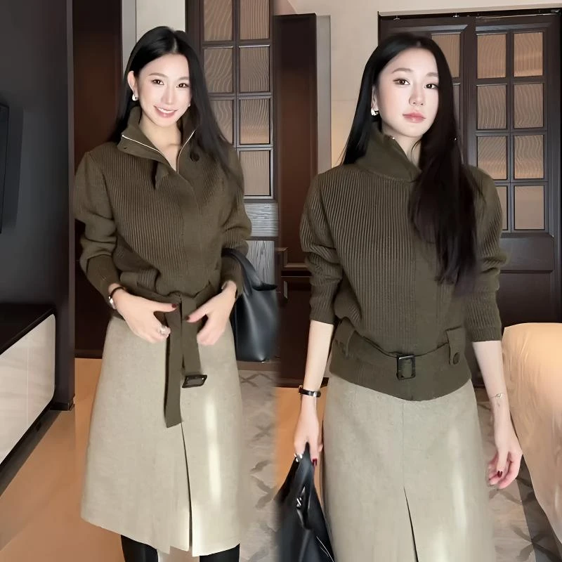 2025秋冬新款拉链针织上衣搭半身裙精英时尚女装高智知性风