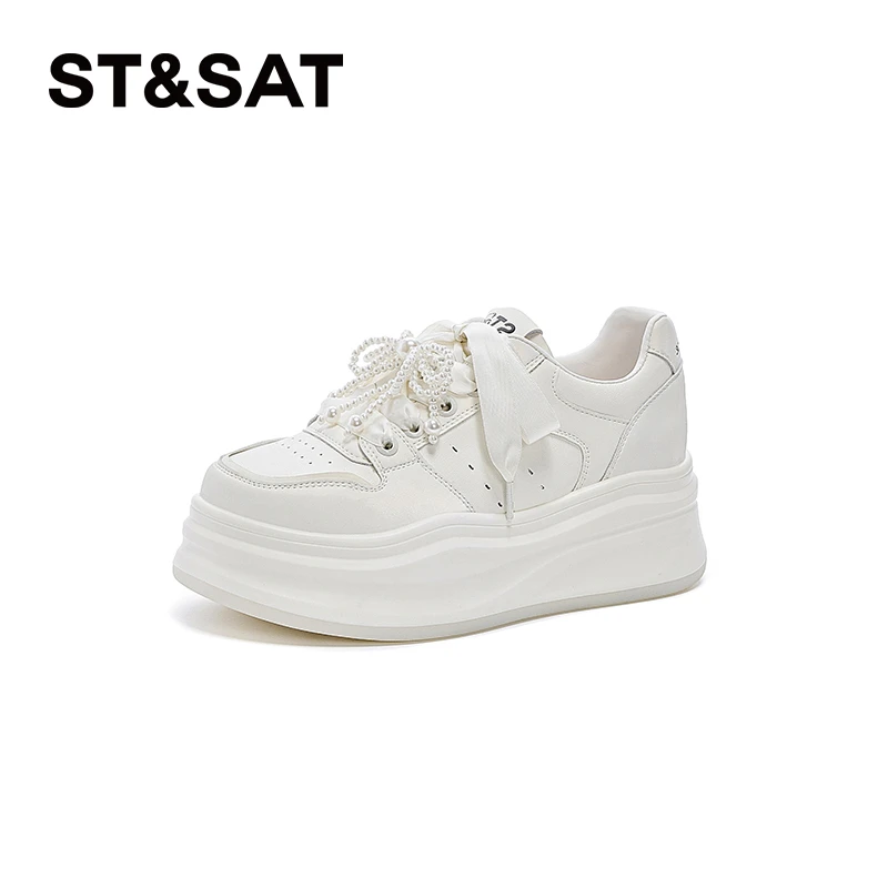 【欧若风】星期六厚底小白鞋女春新款珍珠蝴蝶结舒适休闲增高板鞋