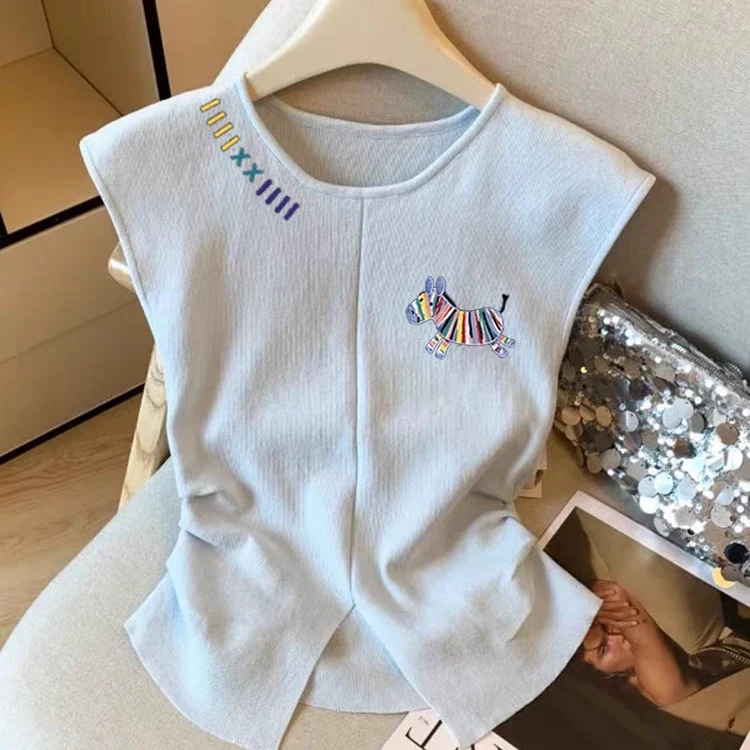 2025夏季新款高端轻奢上衣洋气质冰丝圆领马甲背心百搭印花