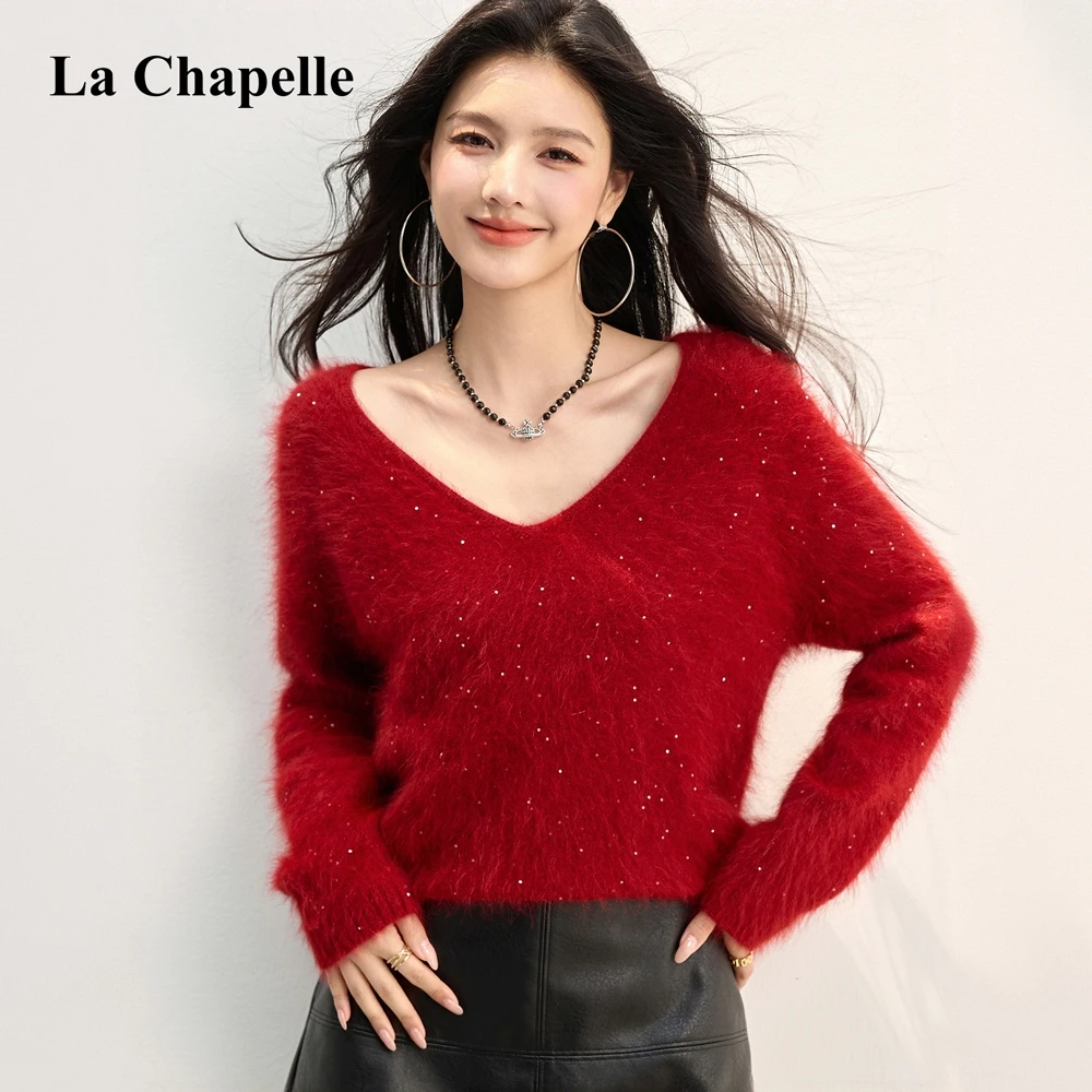 拉夏贝尔纯色时尚毛衣女圆领混纺亮片V领套头秋冬减龄针织衫外套