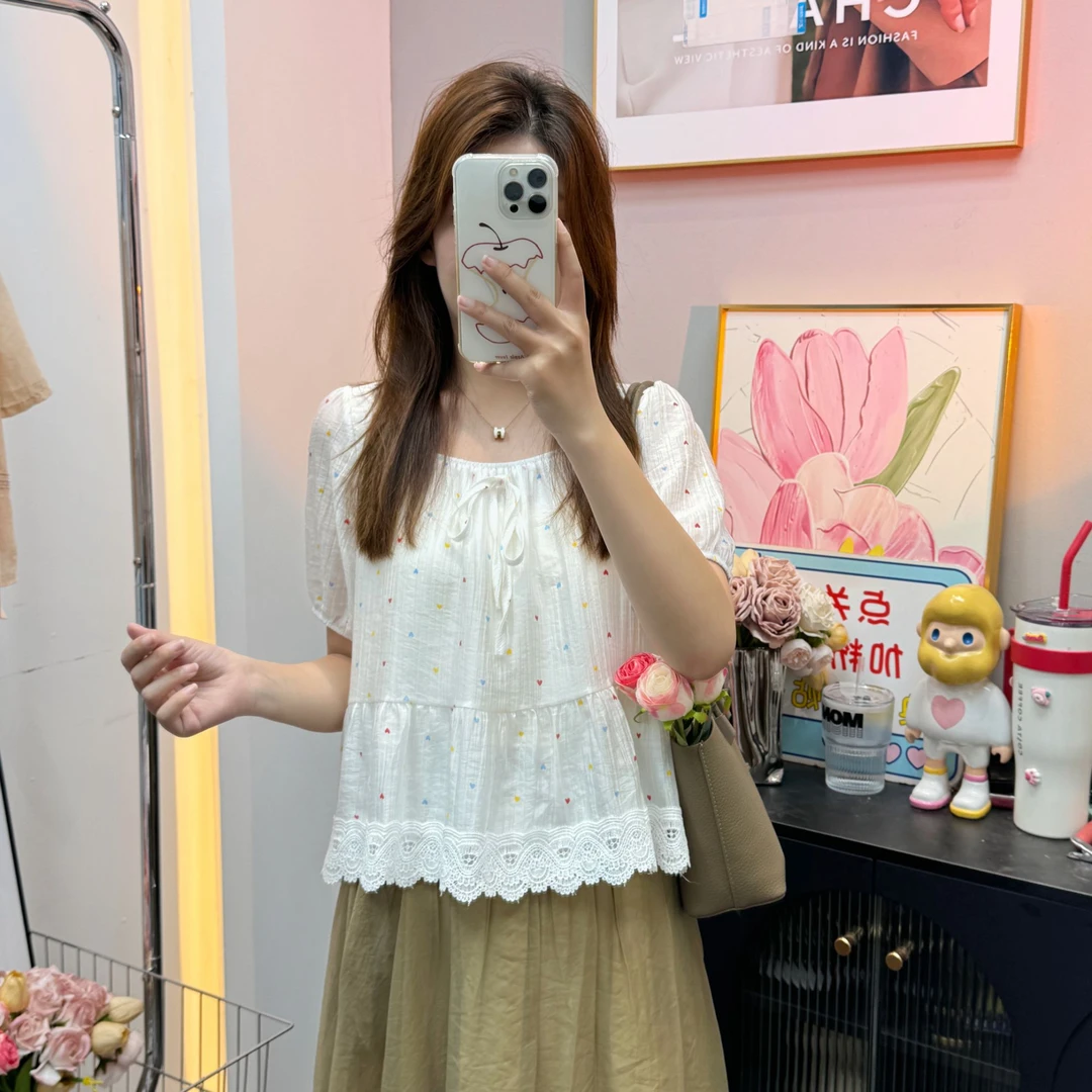 法式碎花刺绣蕾丝衬衫女2025夏季新款气质减龄百搭短袖上衣7069#