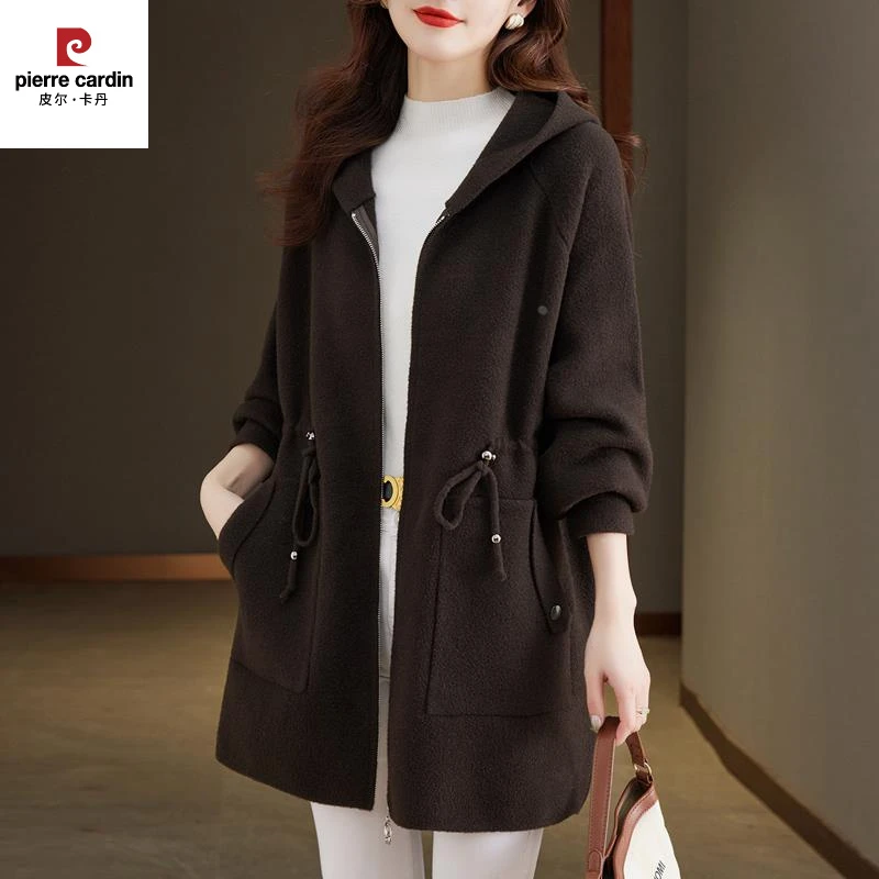 皮尔卡丹中年妈妈秋冬新款羊毛大衣连帽宽松加肥加大码高档中长版
