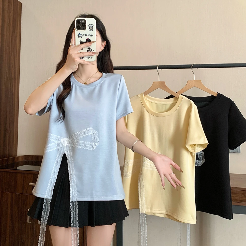 2025年大码女装新款设计感开叉蕾丝飘带T恤上衣五一旅游出街衣服