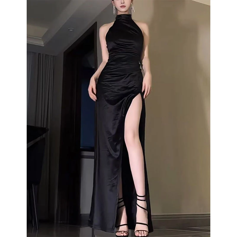 【薄荷雪糕】法式性感开叉无袖挂脖连衣裙女气质名媛晚宴礼服裙长裙