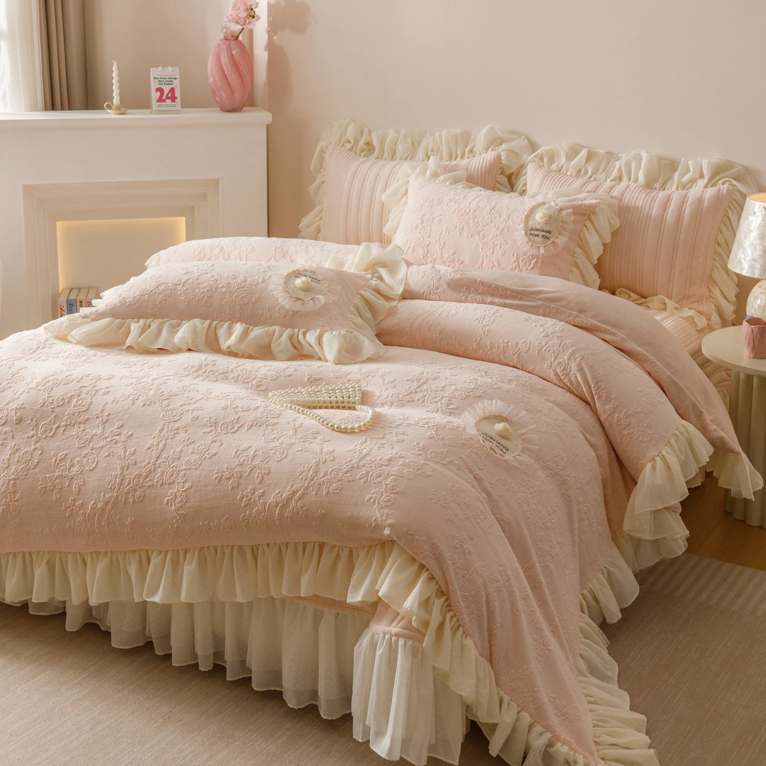 韩版公主风床裙床盖花边牛奶绒四件套冬季珊瑚绒加厚保暖床上用品