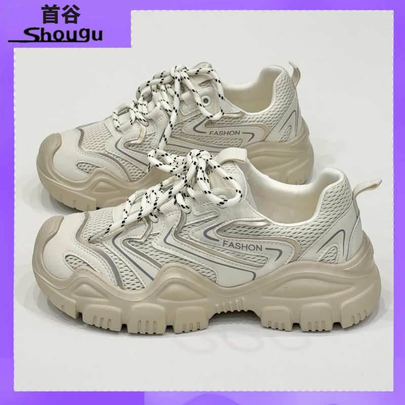 shougu/首谷丑萌厚底老爹鞋女2025春新款网面透气轻便百搭运动鞋