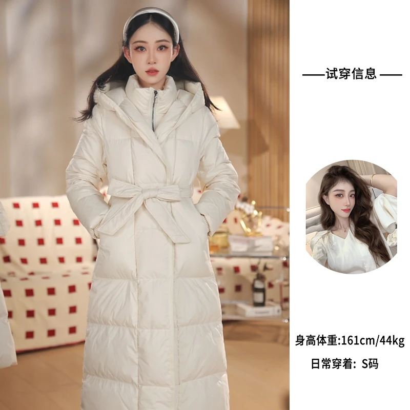 新款鹅绒服女中长款显瘦腰带连帽加厚保暖外套过膝秋冬66#