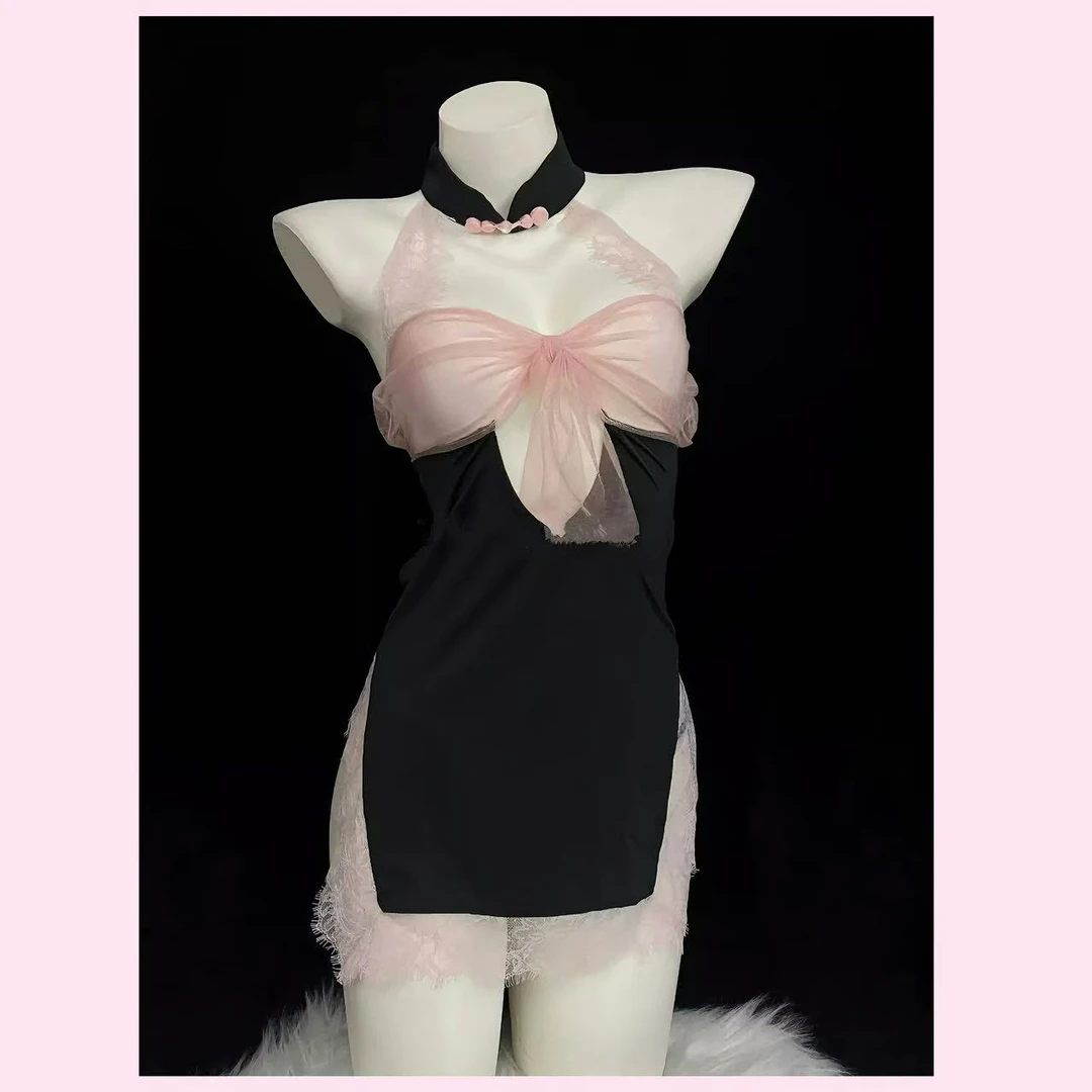 【80-130斤】蝴蝶结蕾丝网纱挂脖美背睡裙