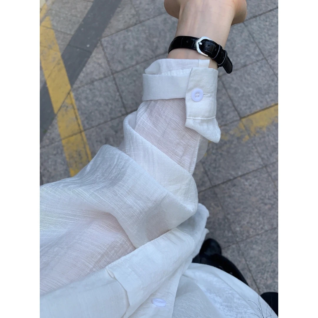 白色薄款防晒长袖衬衫休闲衣服女慵懒风夏新款宽松衬衣外套上衣