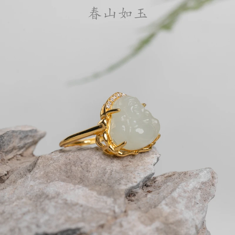 和田玉银镶黄口佛公戒指