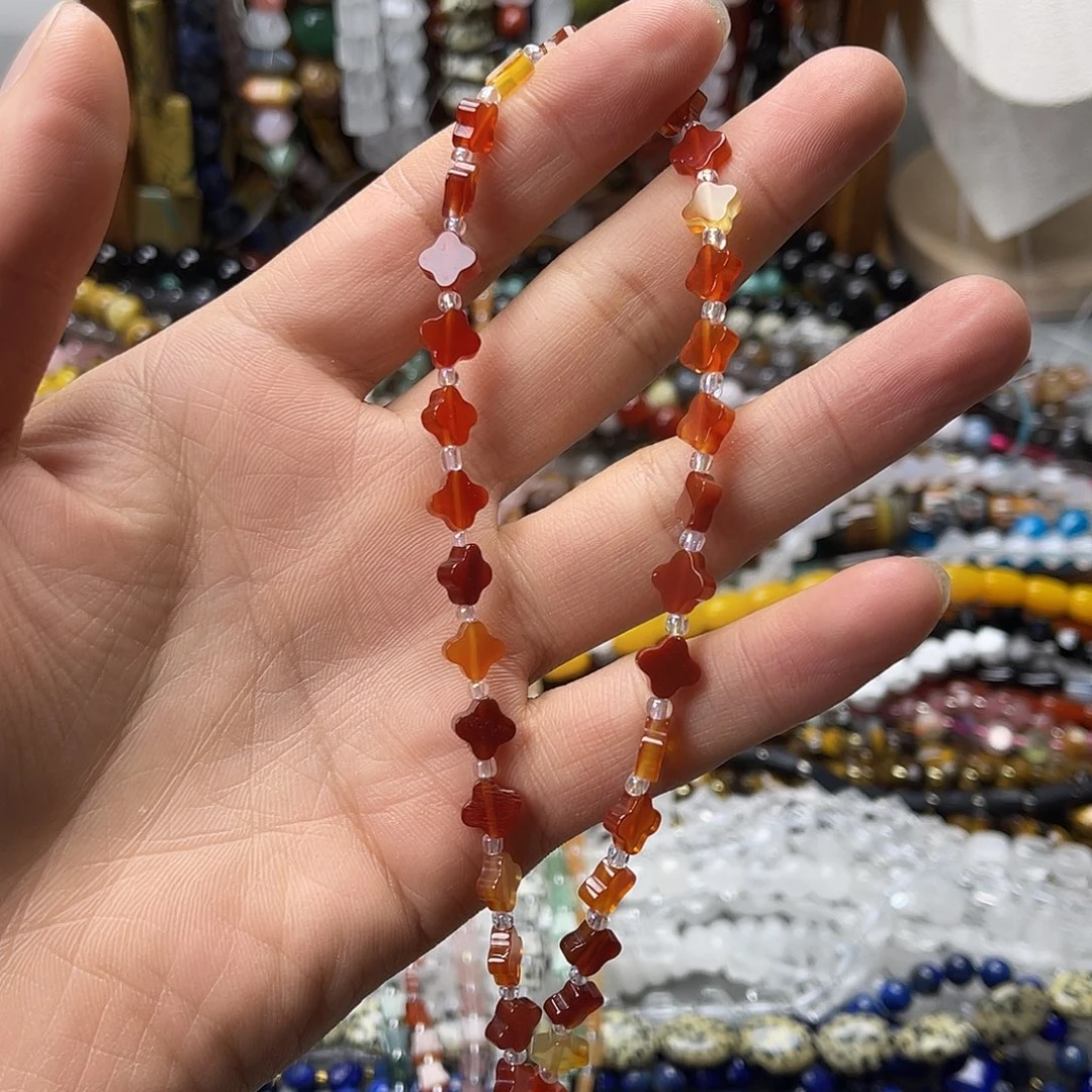 玛瑙/玉髓未镶嵌珠宝半成品卡8红玛四叶草一条