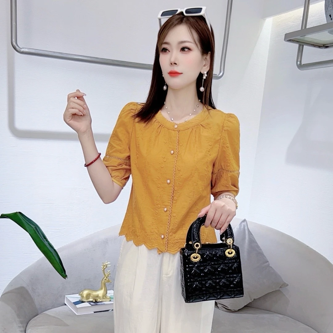 玲A8660夏季新款圆领衬衫女时尚洋气减龄百搭显瘦上衣
