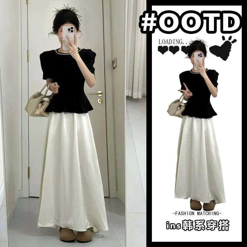 2025夏季超火法式气质设计感圆领短袖上衣气质高腰半身裙两件套女