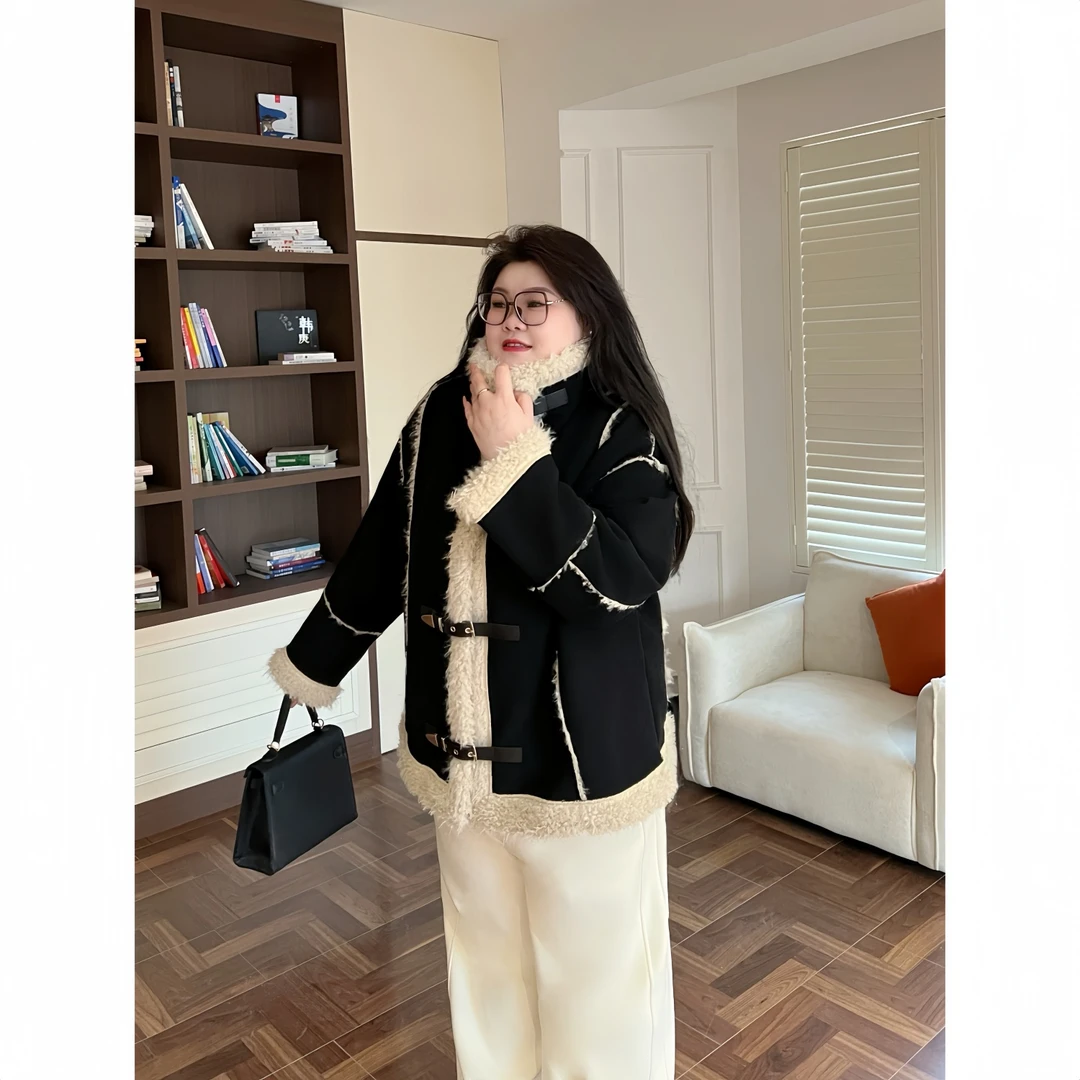 花契“樱桃奶酥”大码女装冬季百搭200斤胖mm时尚毛毛外套15983-X