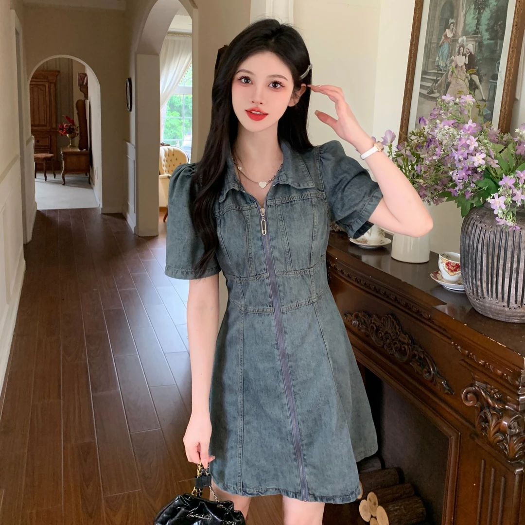 2025大码女装时尚气质高级感复古牛仔裙胖MM显瘦收腰拉链连衣裙夏