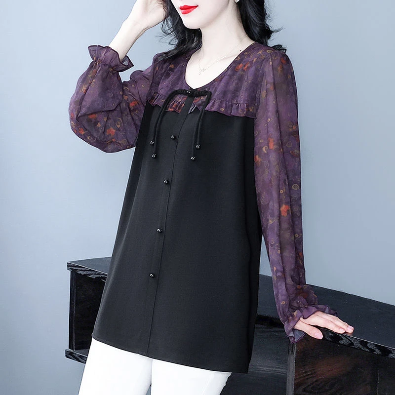 苏迷大码女装2024秋季女装V领印花显瘦宽松高档气质遮肉240951