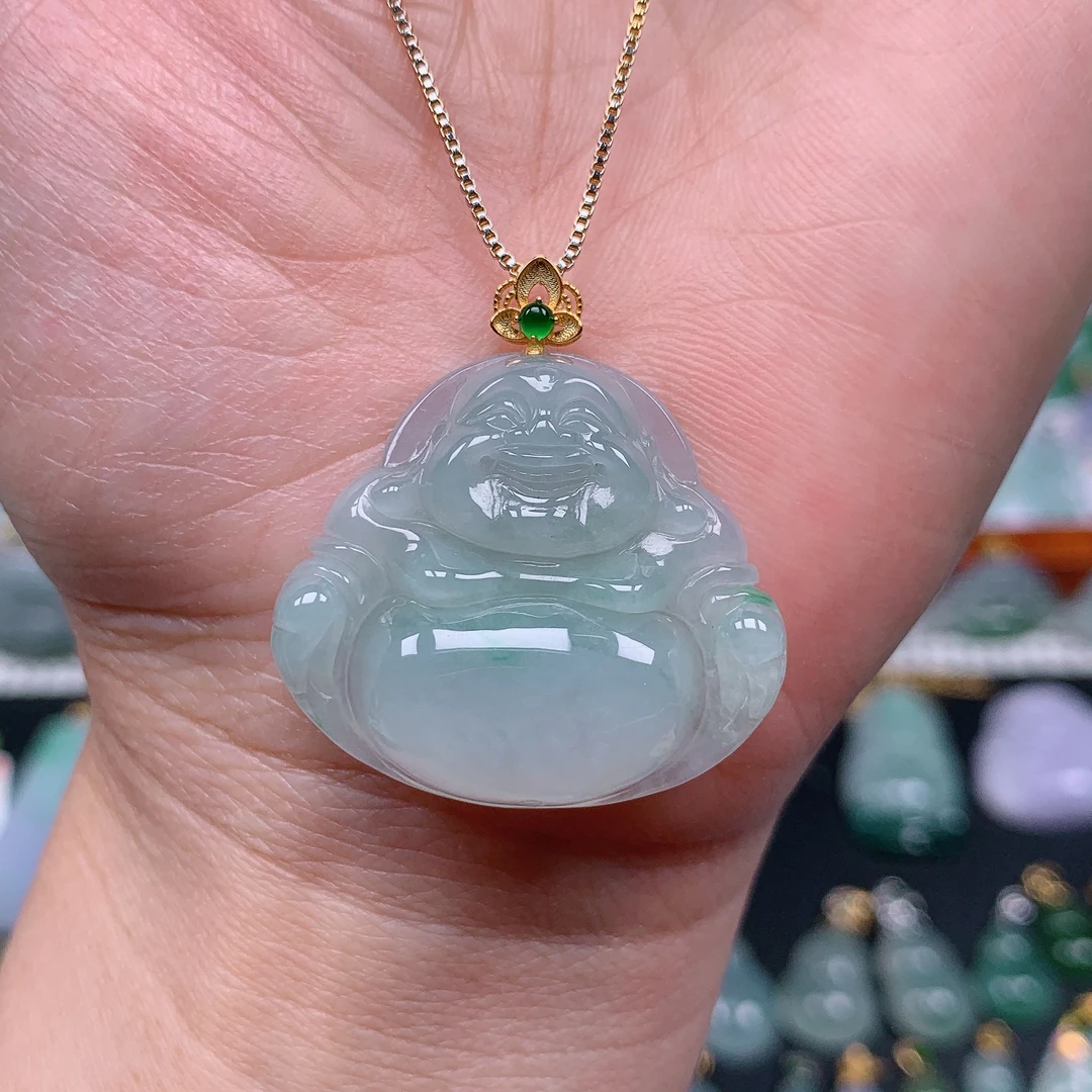 缅甸天然翡翠A货 冰润飘绿佛公43/117(尺寸27.1x30.5x6.2)