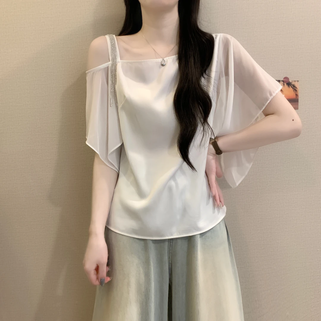 2025新款夏季薄款冰丝雪纺衬衫大码女装胖mm宽松遮肚露肩小衫上衣