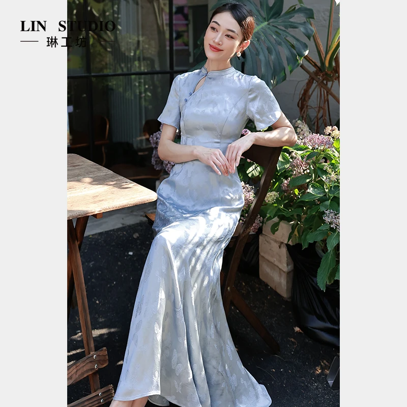 【100%醋酸】琳工坊“云蝉”蓝色连衣裙新中式气质复古显瘦唐琳设计师