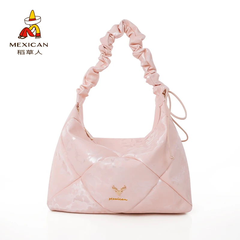 稻草人新品大容量抽绳肩带菱格纹百搭时尚单肩斜挎包测