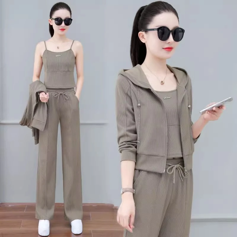 拉夏贝尔 阔腿裤套装女2025春秋新款卫衣长裤显瘦百搭休闲三件套