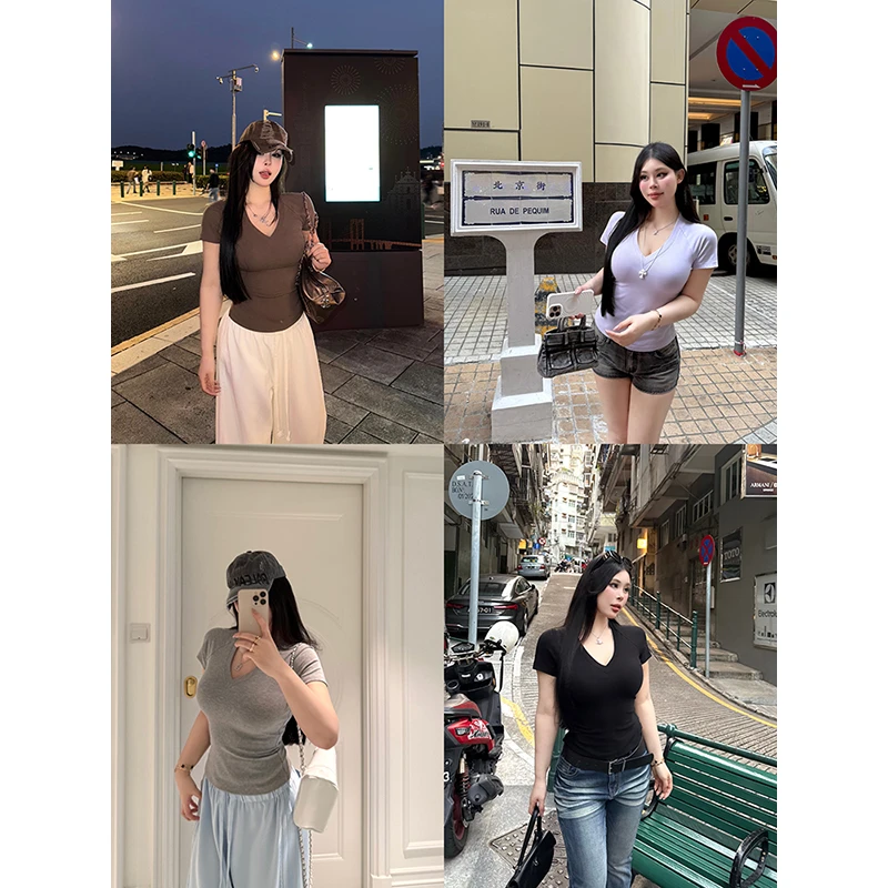 黑泽玄七“双C腰塔尖tee”夏季显瘦V领修身插肩袖收腰短袖T恤上衣女